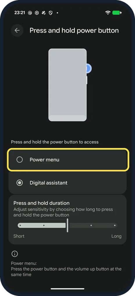 Android screenshot: Choose Power menu