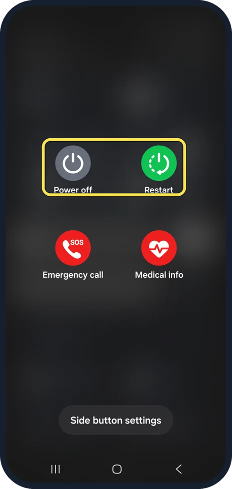 Android screenshot: Tap Power off or Restart