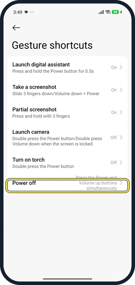 Android screenshot: Open Gesture shortcuts