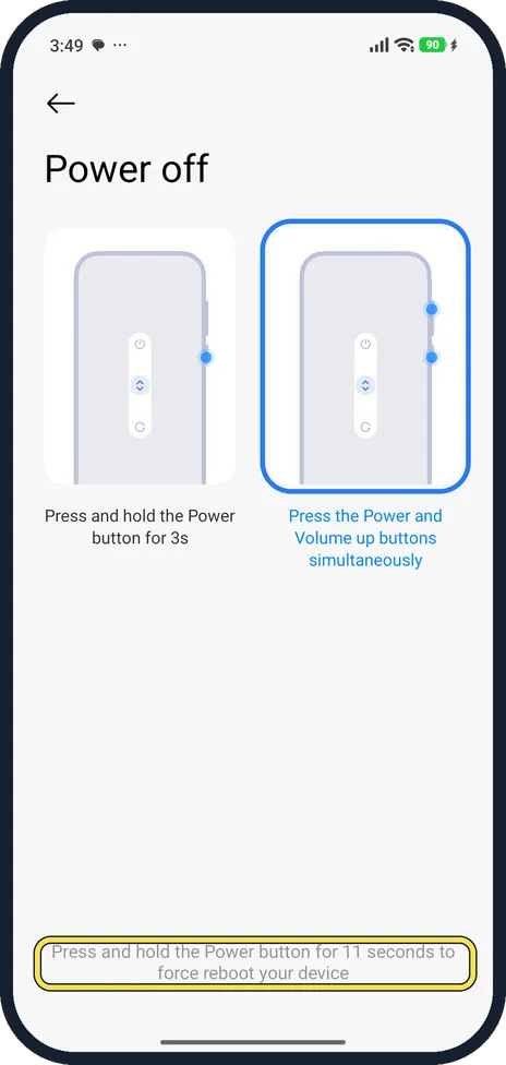 Android screenshot: Force a restart if the phone is frozen