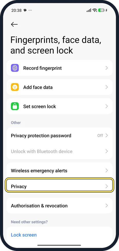 Android screenshot: Open Fingerprints, face data, and screen lock, then tap Privacy