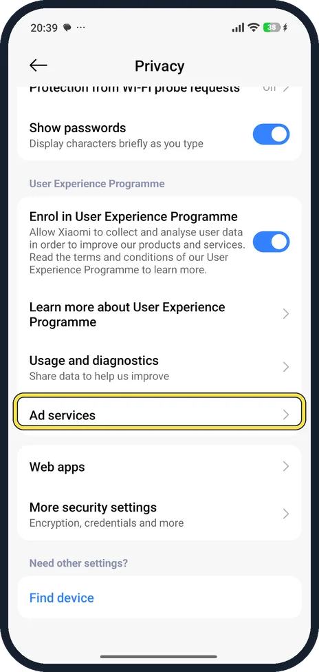 Android screenshot: Tap Ad services