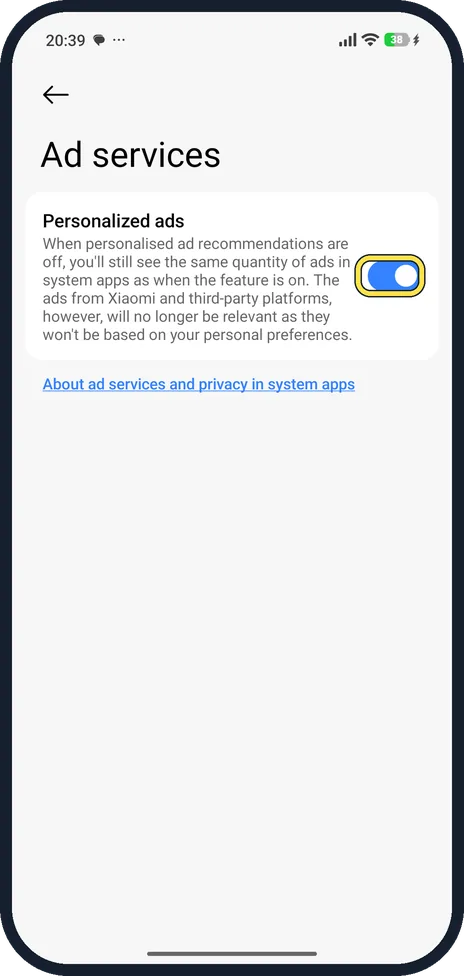 Android screenshot: Turn off Personalized ads