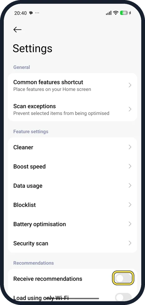 Android screenshot: Turn off Receive recommendations in Security
