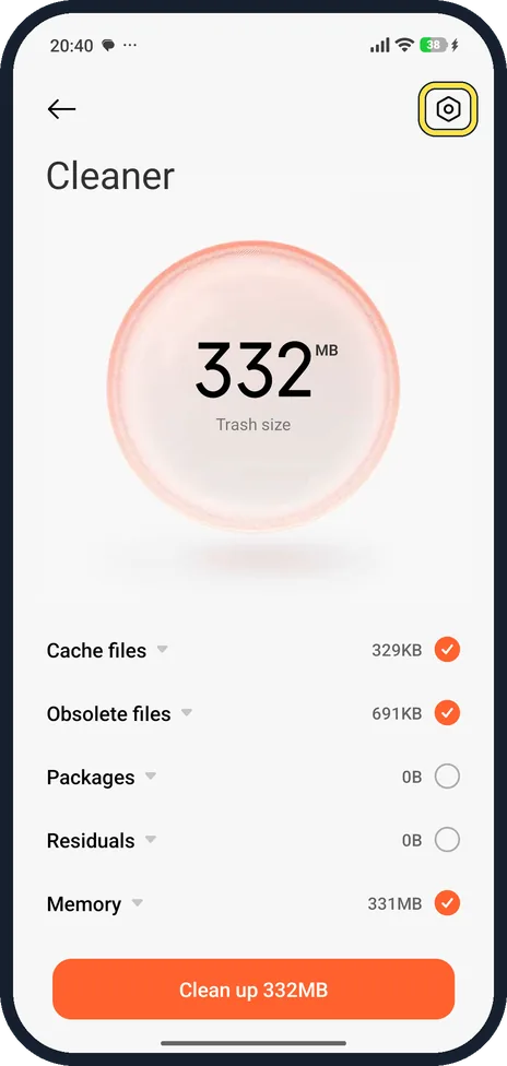 Android screenshot: Open the Cleaner app's settings