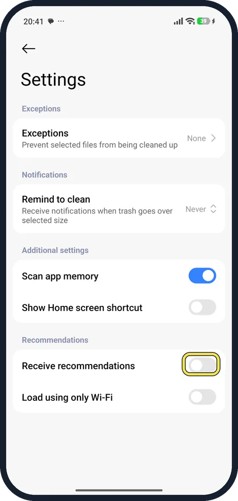 Android screenshot: Turn off Receive recommendations in Cleaner