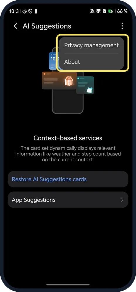 Android screenshot: Tap the three dots, then Privacy management