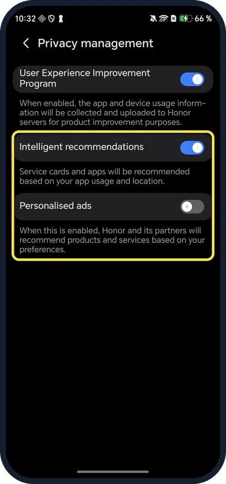 Android screenshot: Turn off the switches you don't want