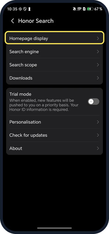 Android screenshot: Open HONOR Search settings, Homepage display