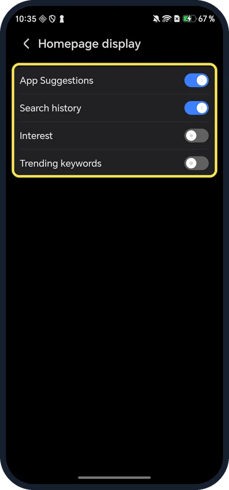 Android screenshot: Turn off HONOR Search suggestions