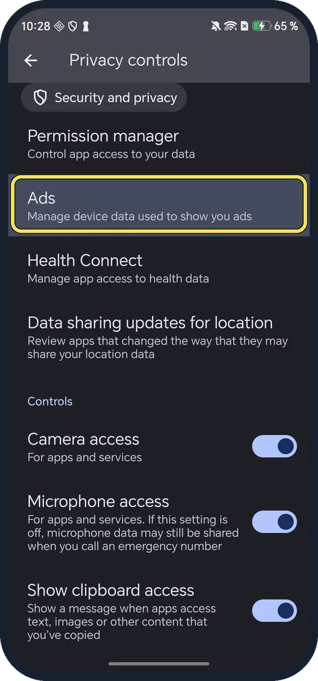 Android screenshot: Open Privacy controls, Ads