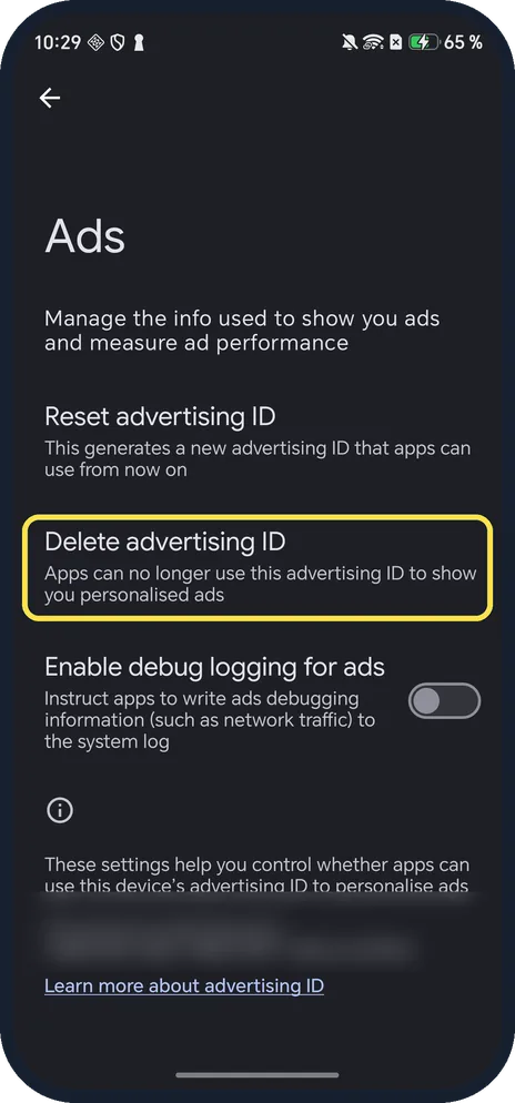 Android screenshot: Delete the advertising ID (optional)