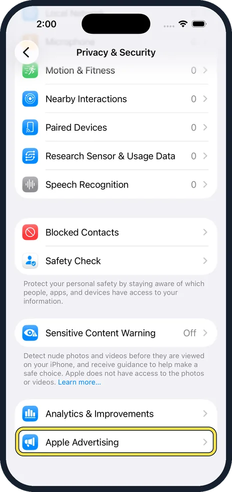 iPhone screen: Scroll to the bottom and tap Apple Advertising