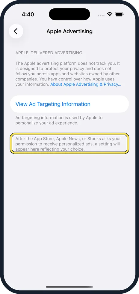 iPhone screen: Find the Personalized Ads switch and turn it off
