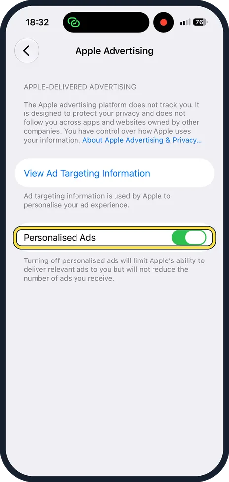 iPhone screen: Turn off Personalised Ads
