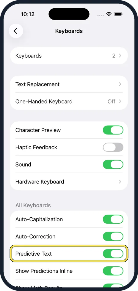 iPhone screen: Switch off Predictive Text