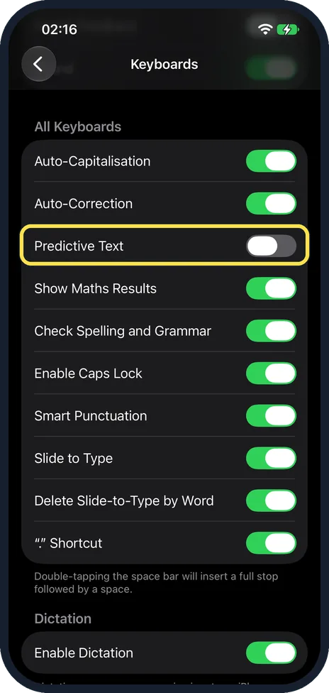 iPhone screen: Switch off Predictive Text