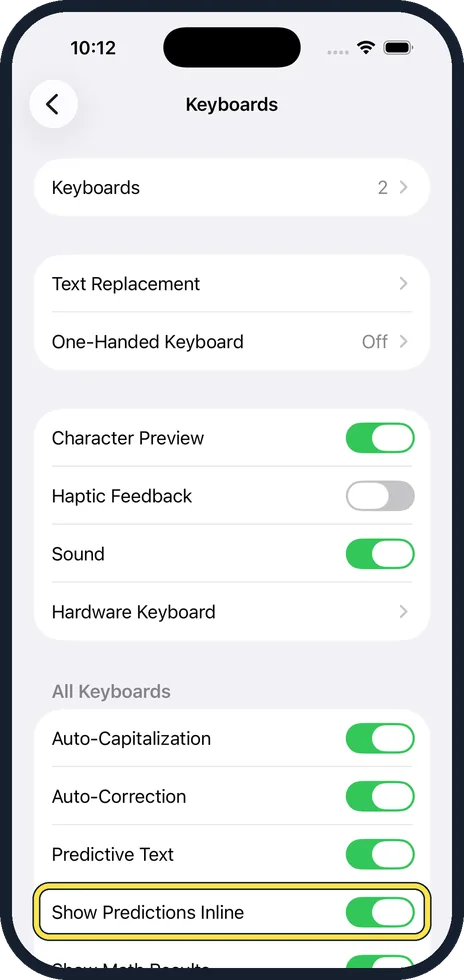 iPhone screen: Decide about Show Predictions Inline