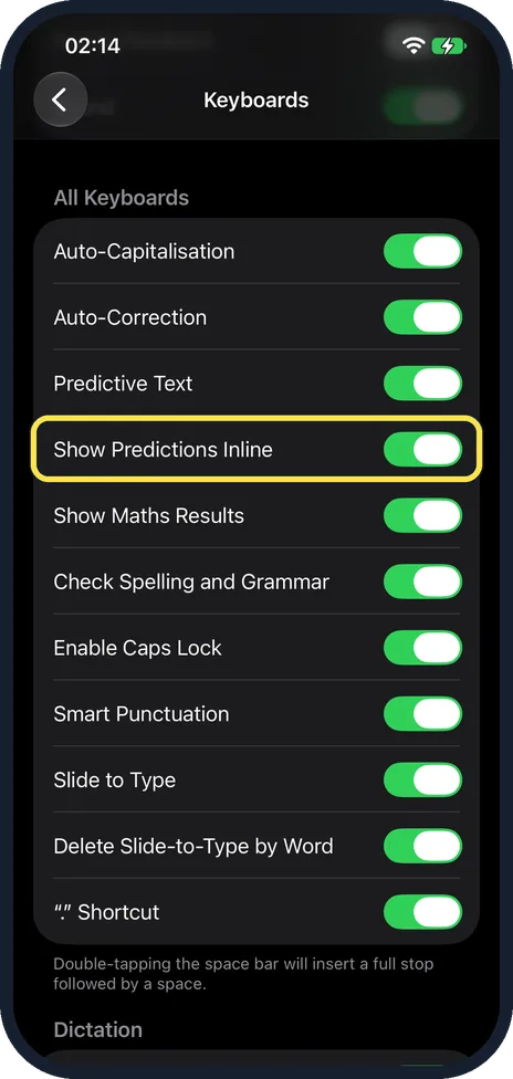 iPhone screen: Decide about Show Predictions Inline
