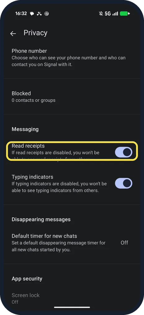 Android screenshot: Find Read receipts