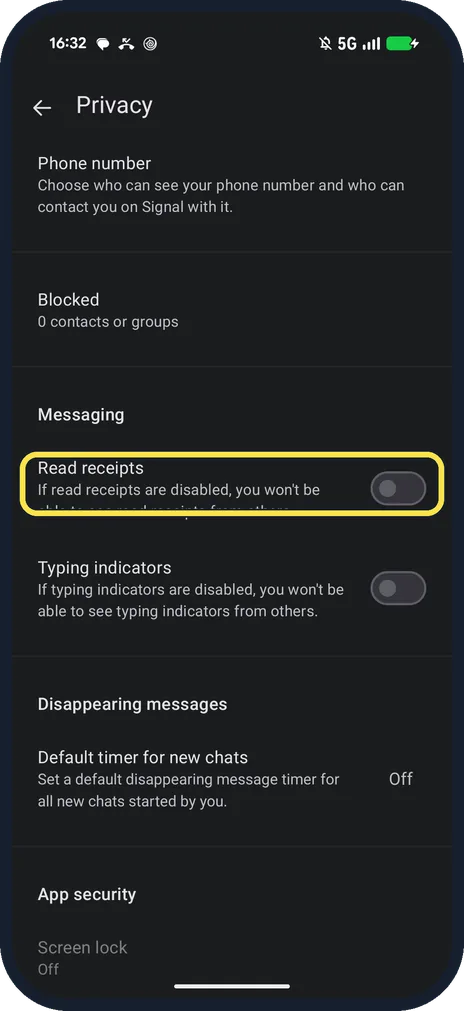 Android screenshot: Switch off Read receipts