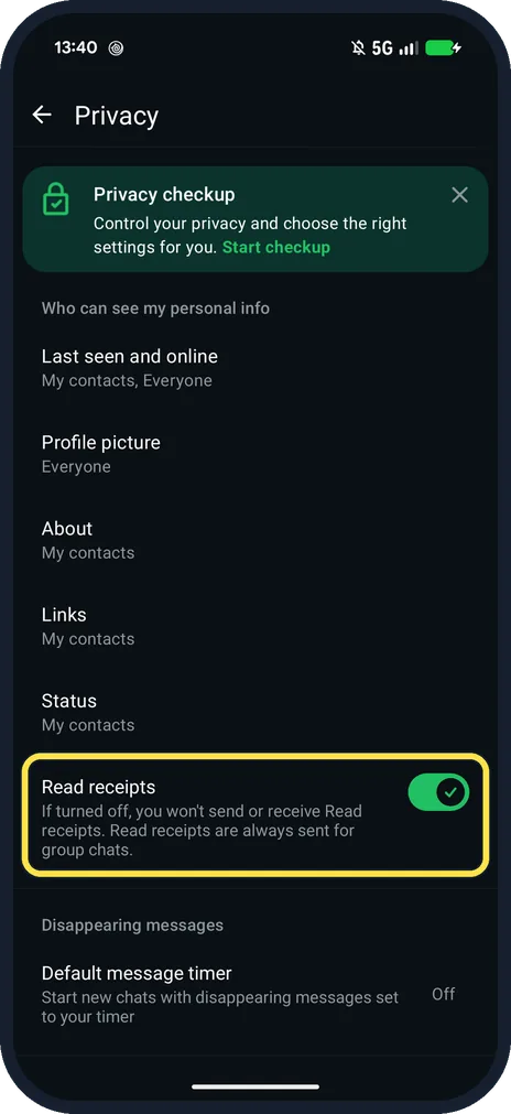 Android screenshot: Switch off Read receipts