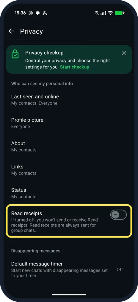 Android screenshot: Check that the switch is grey