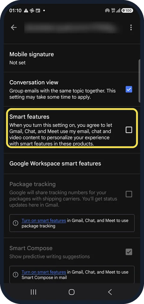 Screenshot from the guide: How to turn off smart features in the Gmail app on Android