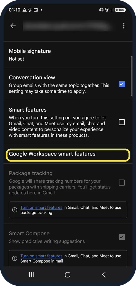 Android screenshot: Open Google Workspace smart features