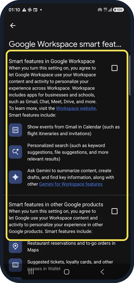 Android screenshot: Untick both boxes