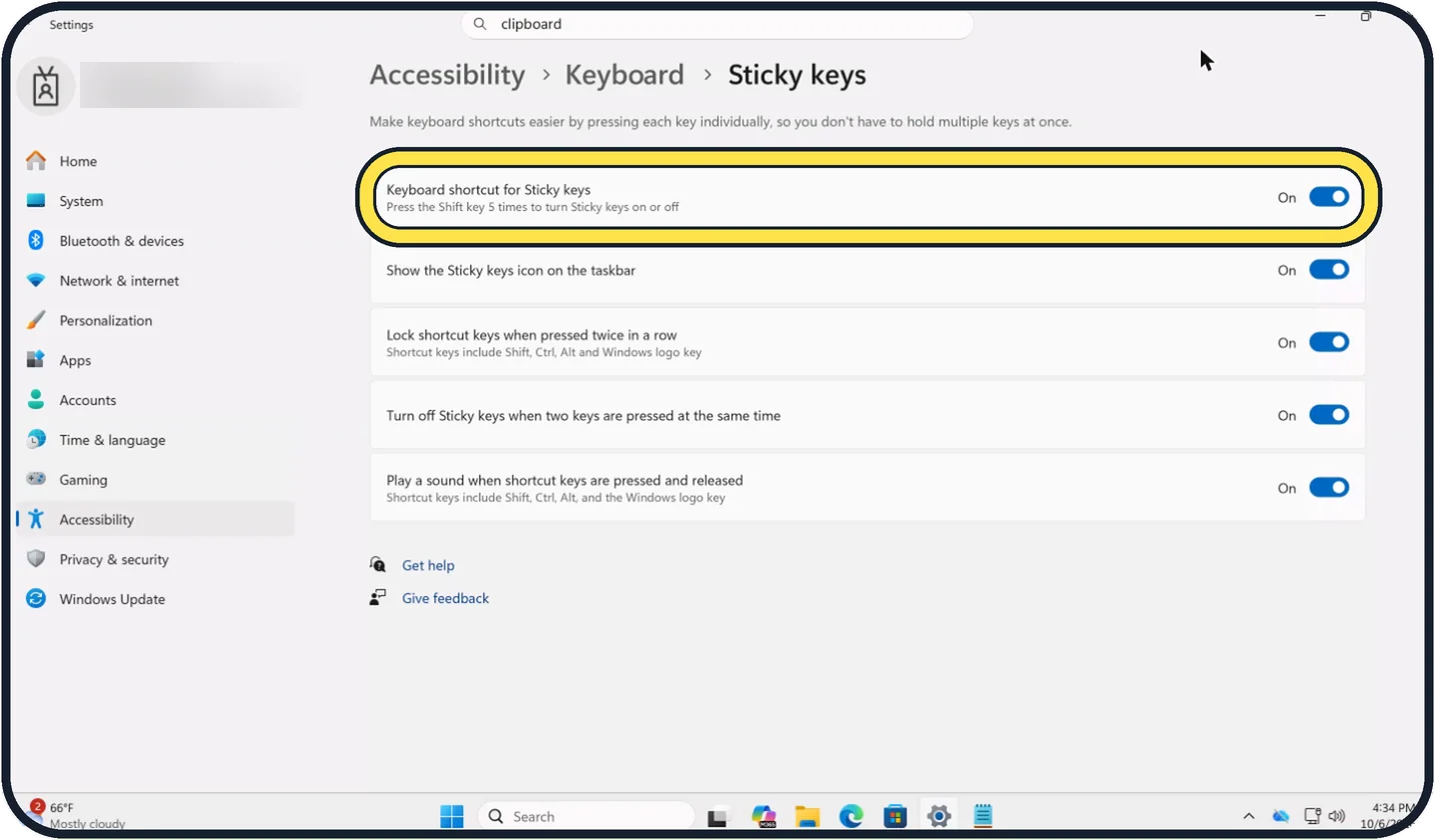 Windows screenshot: Switch off the shortcut