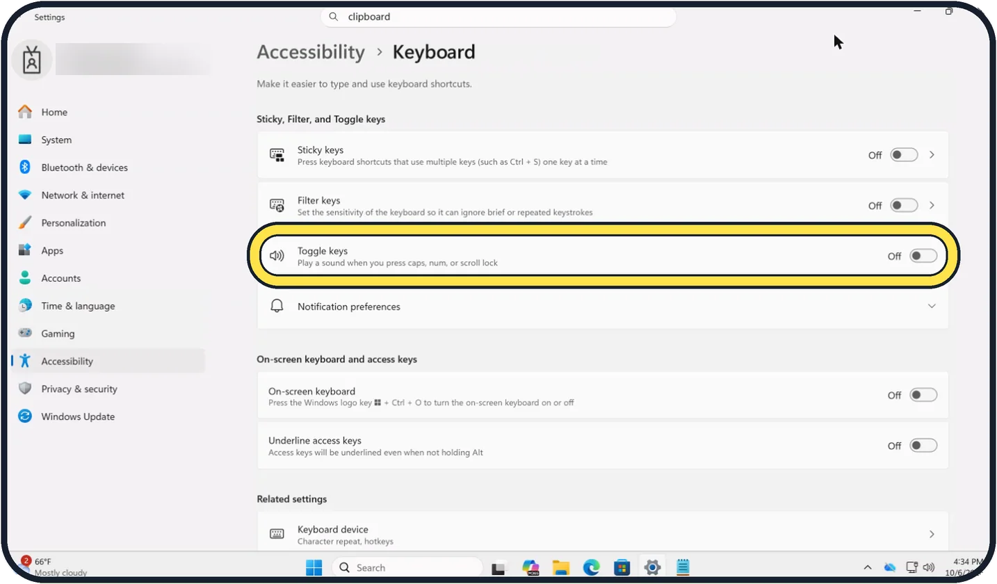 Windows screenshot: And for Toggle keys