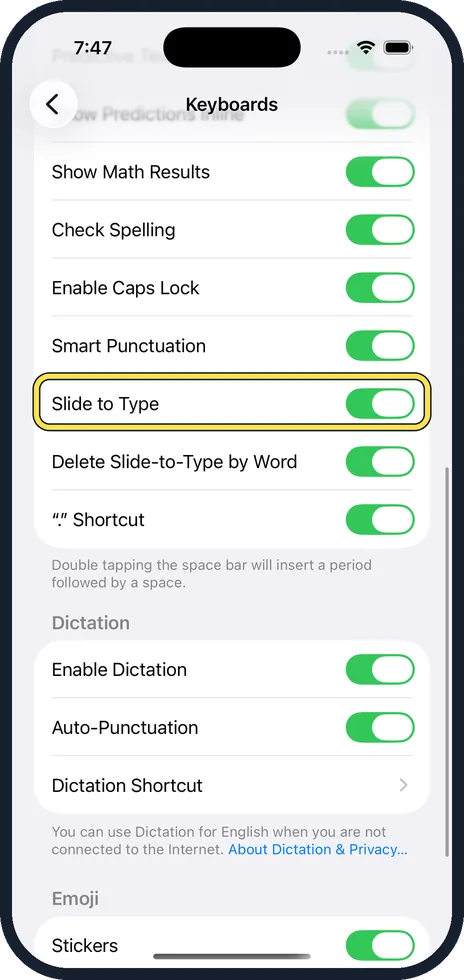 iPhone screen: Scroll down and switch off Slide to Type