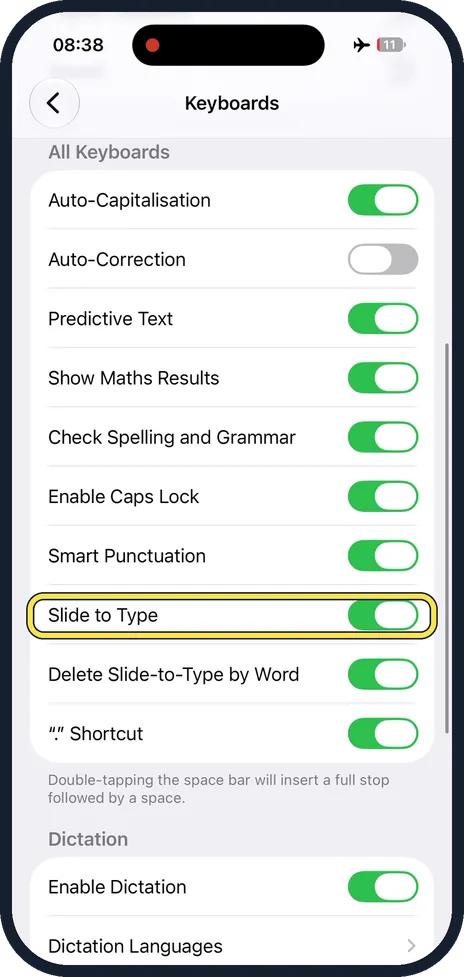Screenshot from the guide: How to turn off swipe typing on an iPhone