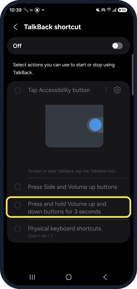 Screenshot from the guide: How to turn off TalkBack on a Samsung Galaxy