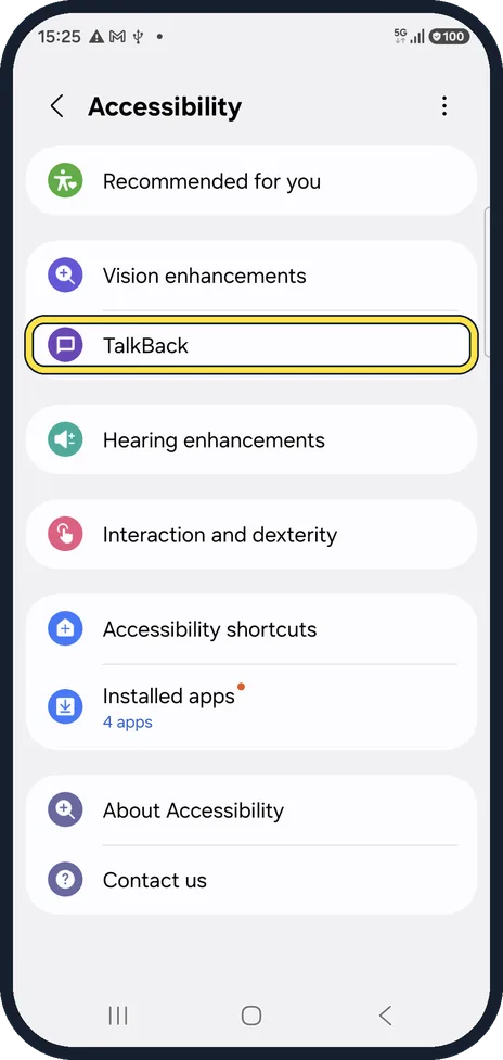 Android screenshot: Open TalkBack in Accessibility