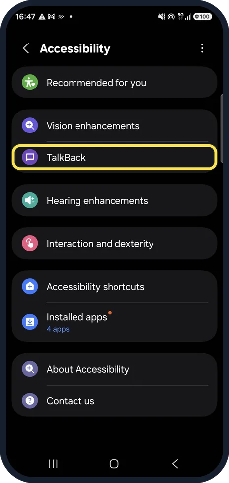 Android screenshot: Open TalkBack in Accessibility