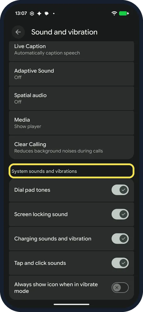 Android screenshot: Scroll to System sounds and vibrations
