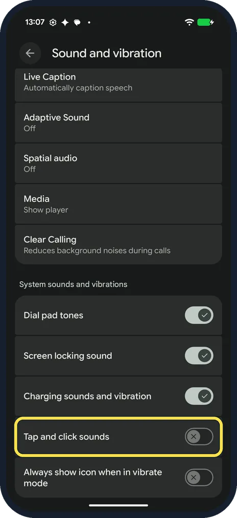 Android screenshot: Turn off Tap and click sounds