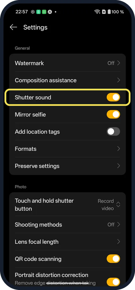 Android screenshot: Switch Shutter sound off