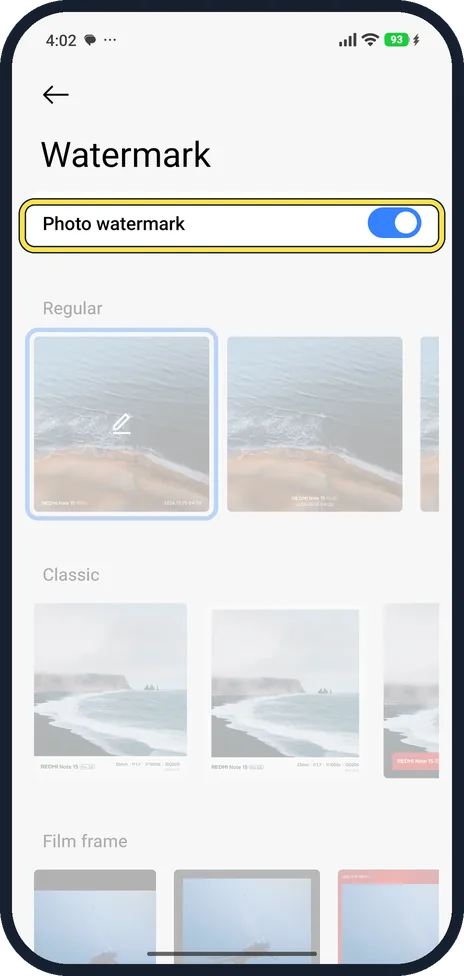 Android screenshot: Turn Photo watermark on or off