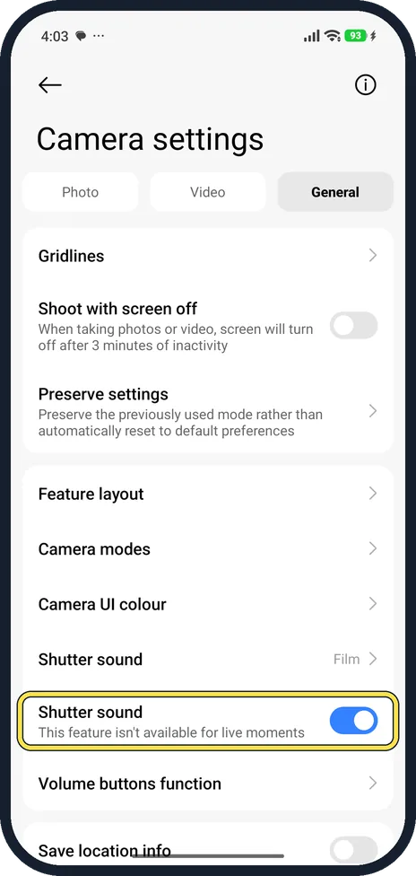 Android screenshot: Turn off the shutter sound