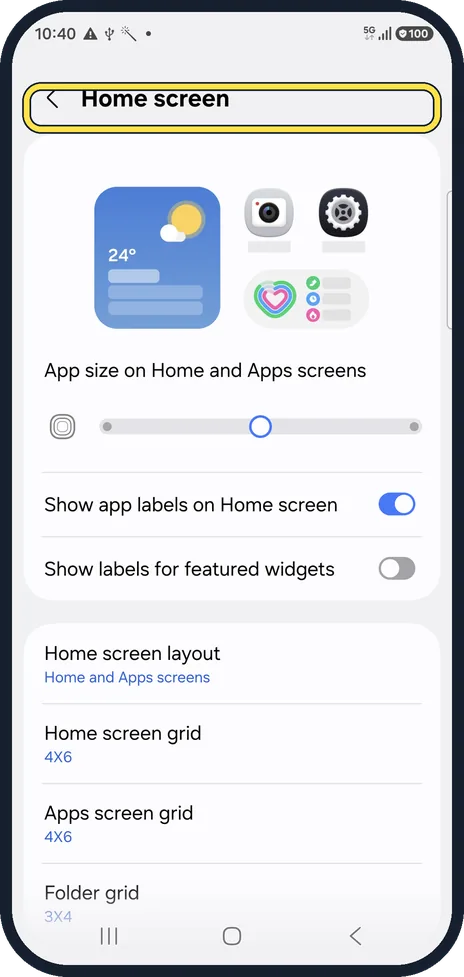 Android screenshot: Open Home screen settings