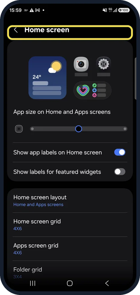 Android screenshot: Open Home screen settings
