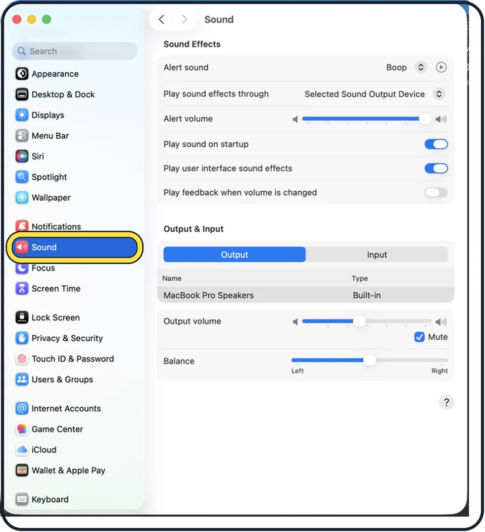 Mac screenshot: Click Sound in the sidebar