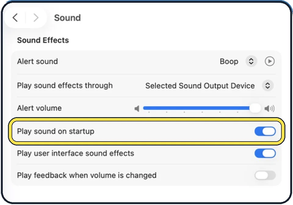 Mac screenshot: Switch off Play sound on startup