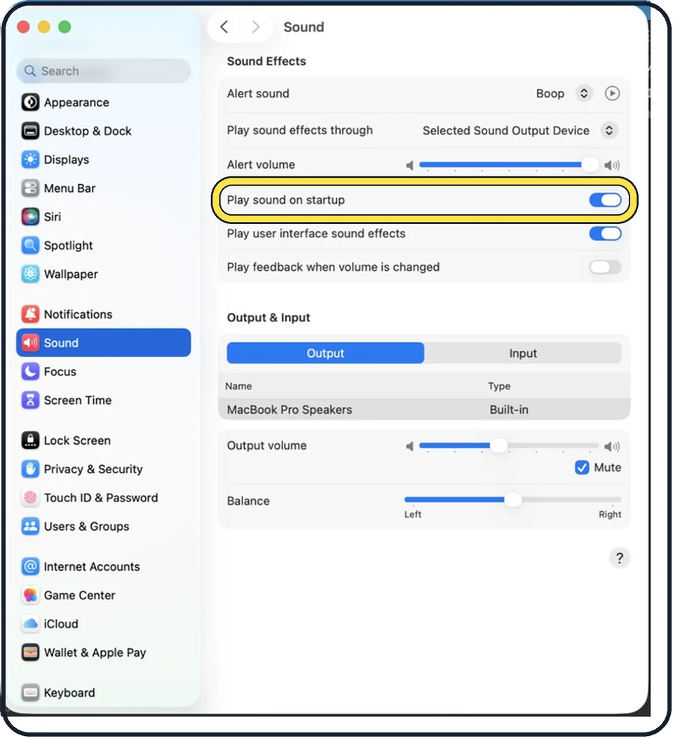 Mac screenshot: Switch off Play sound on startup