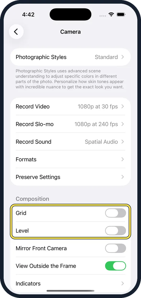iPhone screen: Scroll down a little to Composition