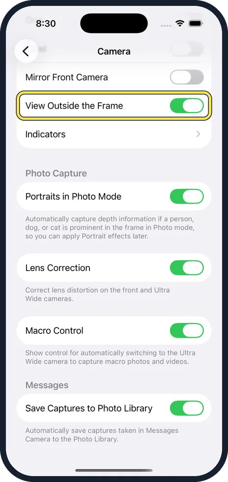 iPhone screen: Switch off View Outside the Frame