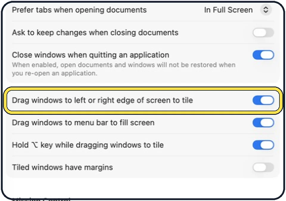Mac screenshot: Scroll to Windows and switch off the edge tiling